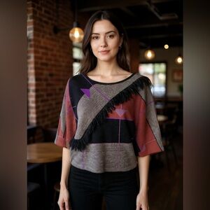 Pierre Cardin Vintage Colorblock sweater fringe gray black SMALL wool angora 80s